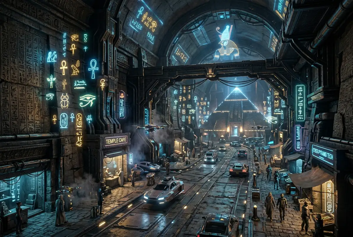Futuristic city street in an ancient Egyptian tomb