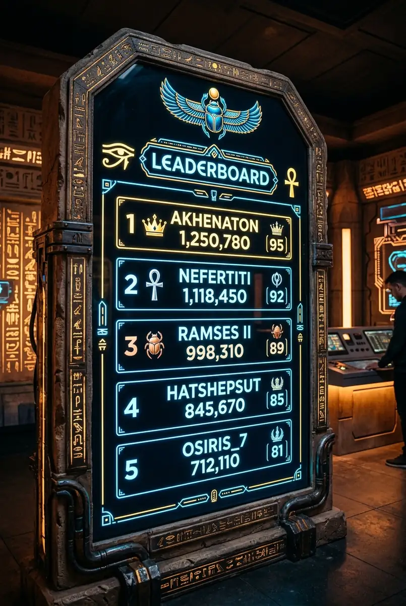 Glowing digital leaderboard styled as an Egyptian tablet