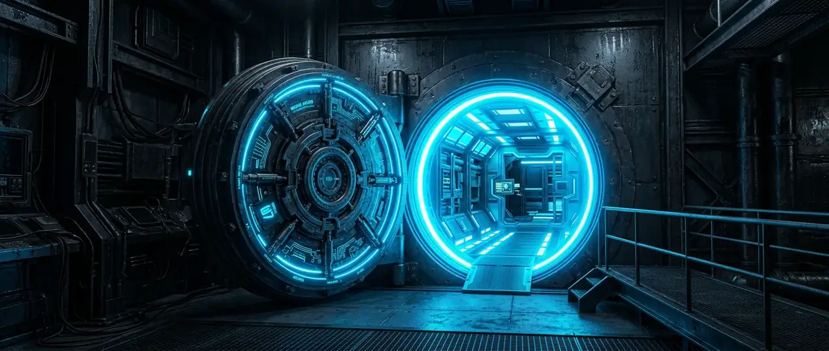 Open futuristic vault door glowing with neon blue light